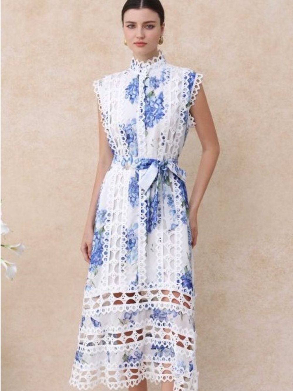 NWT Dalia MacPhee White & Blue Floral Lace Midi Dress with Tie Waist